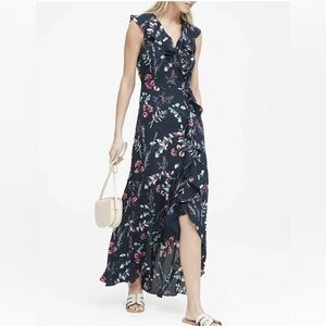 Banana Republic Navy Blue Floral Ruffle Faux Wrap Dress size 2, NWT high-low hem